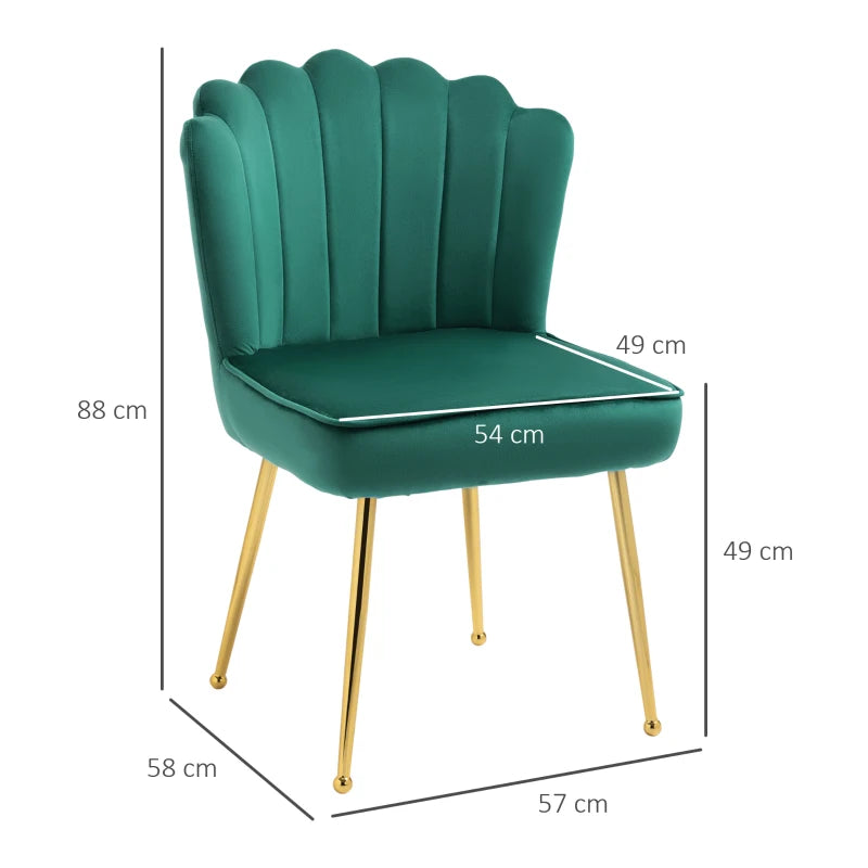 Set of 2 Velvet Upholstered Dining Chairs with Gold Metal Legs, Stylish Lounge Chairs for Kitchen and Living Room, Green