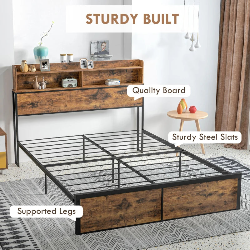 Industrial King Bed Frame with Storage Headboard & Footboard, 5.2FT Steel Base, Slatted Support, Rustic Brown, 158x222cm