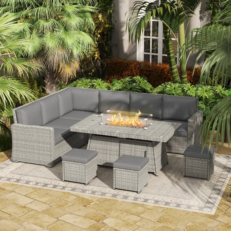 7-Piece Grey Rattan Sofa Set with Firepit Table - Outdoor Patio Furniture