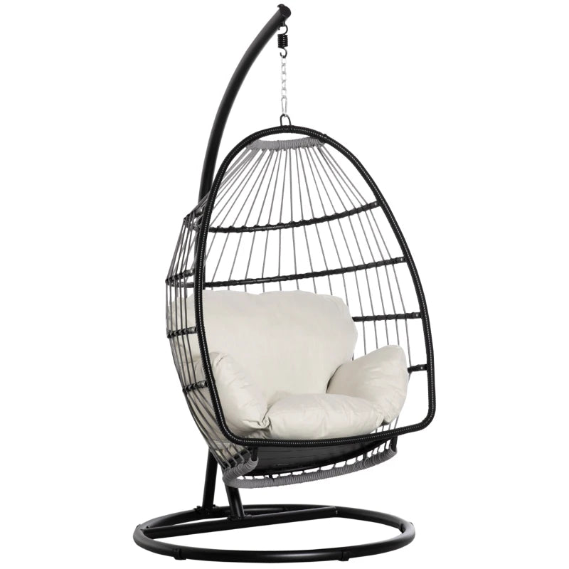 Black Rattan Hanging Egg Chair with Cushion and Stand