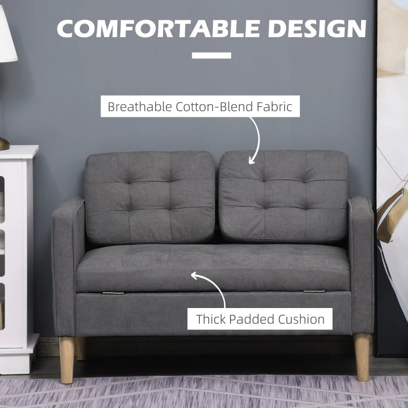 Compact 2 Seater Sofa with Hidden Storage, 117cm Tufted Cotton Couch for Living Room or Kitchen, Grey