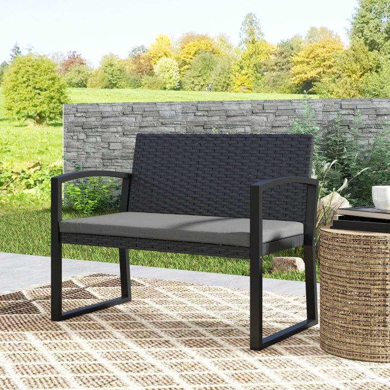 Two-Seater Rattan Garden Bench - Grey and Black Outdoor Seating