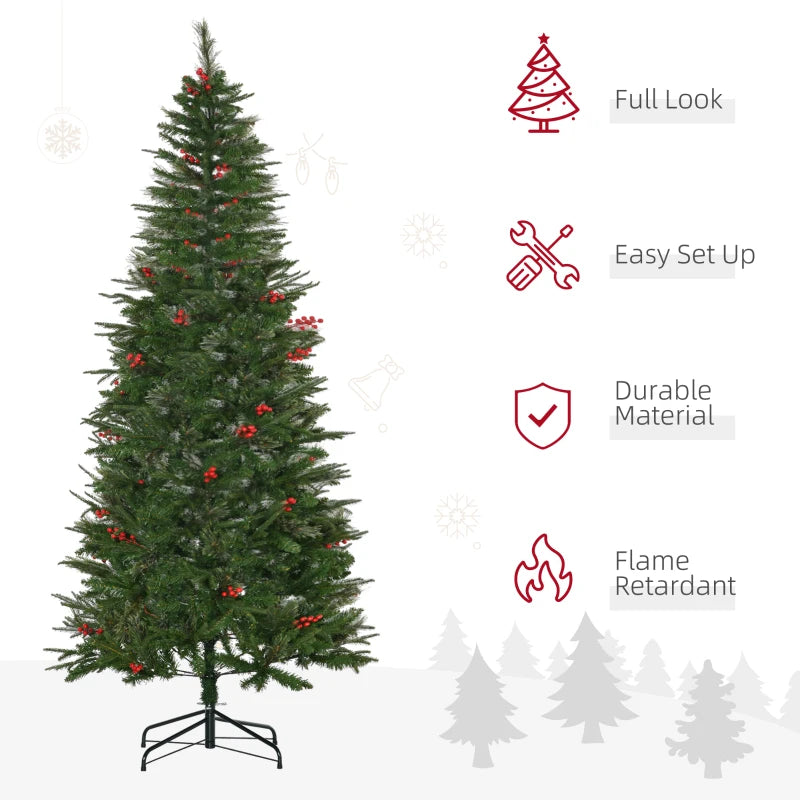 7ft Realistic Green Pencil Christmas Tree with Red Berries, Auto Open Feature - Perfect Holiday Decor
