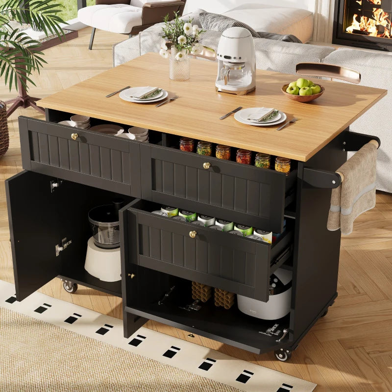 Rolling Mobile Kitchen Island Cart with Storage Drawer & Towel Rack, Drop Leaf Breakfast Bar, 121x70x88 cm, Black
