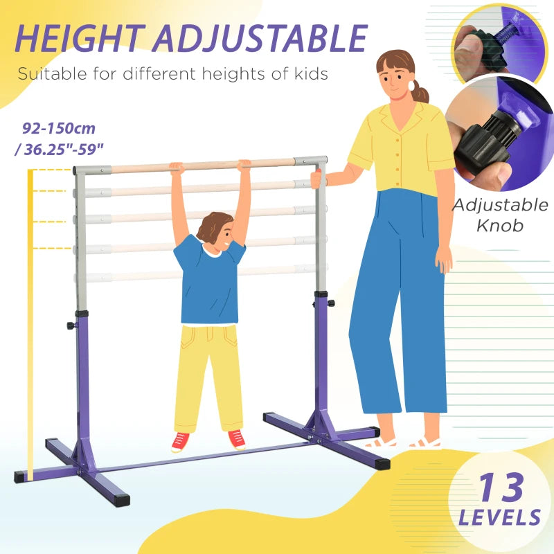 Adjustable Steel Frame Horizontal Gymnastics Bar for Kids Home Gym Training Purple