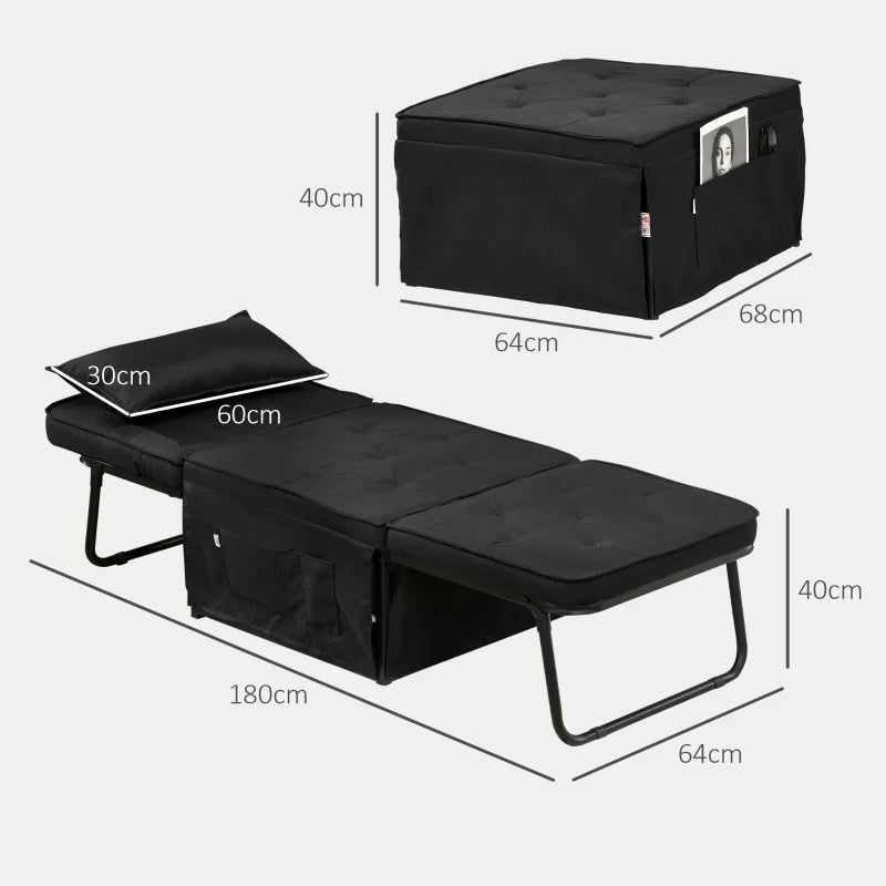 Folding Fabric Sleeper Chair Bed with Adjustable Backrest and Side Pockets for Living Room, Black