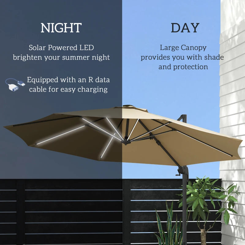 Adjustable Khaki Cantilever Parasol with Solar LED Lights & Base