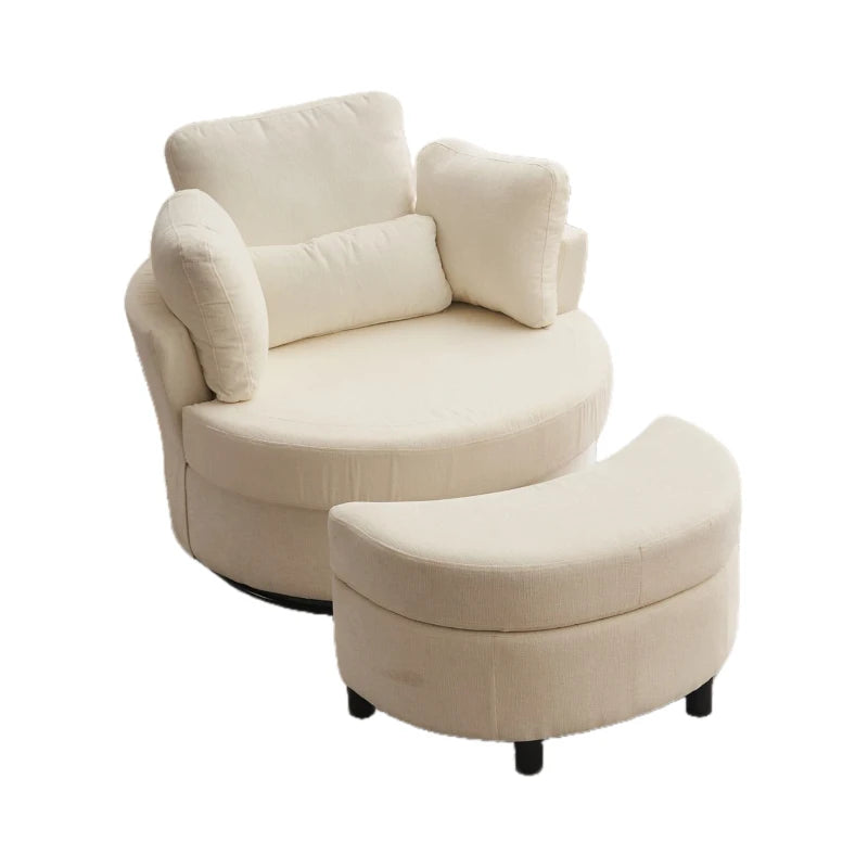 Ivory Chenille Swivel Armchair with Cushions and Ottoman Stool, 360° Recliner Sofa, 107L x 105W x 82H cm