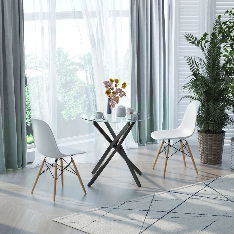 Modern Round Dining Table with Clear Tempered Glass Top & Metal Legs - Stylish Kitchen & Living Room Furniture, Black