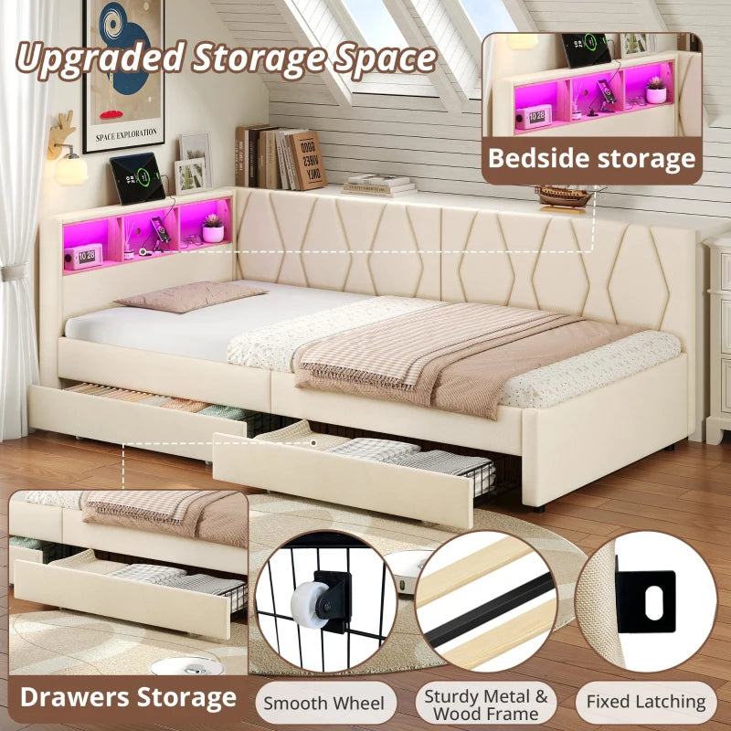 Compact Linen Daybed with Storage Drawers LED Headboard and Charging Station Beige Sofa Bed