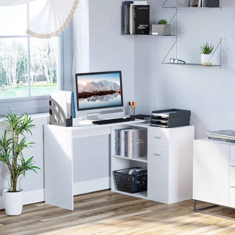 L-Shaped Corner Computer Desk with Storage Shelf & Drawer - Adjustable White Wood Grain Workstation for Home Office
