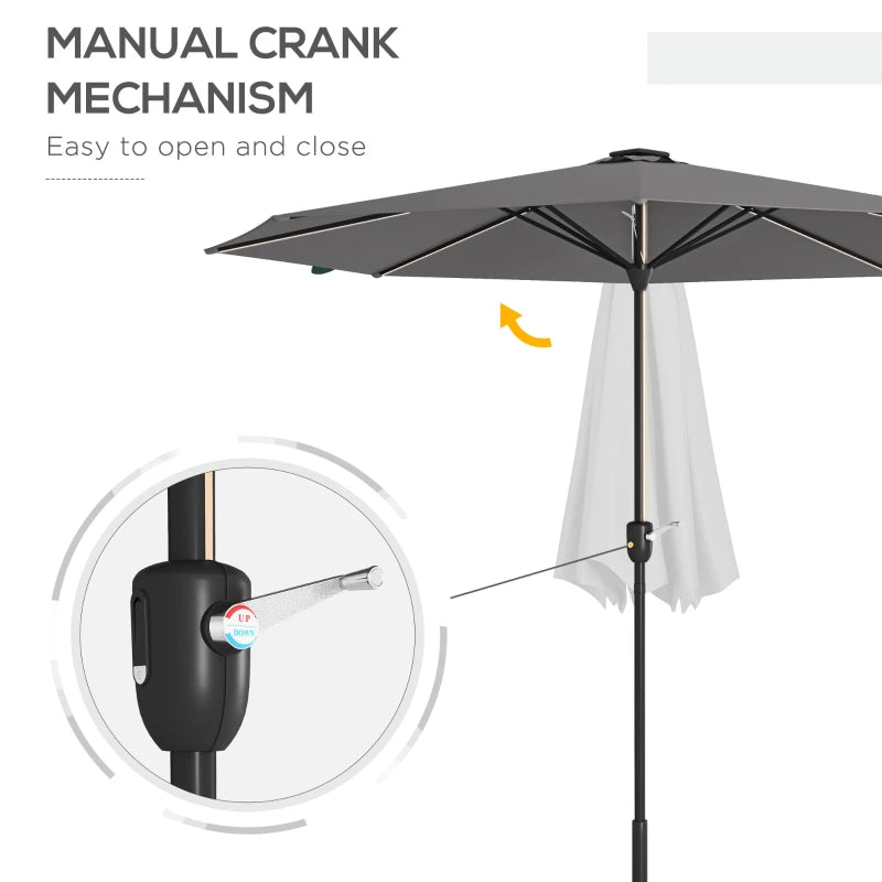 Charcoal Grey Solar LED Patio Umbrella with Crank Handle