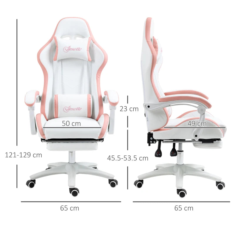 Vinsetto White & Pink Gaming Chair with Footrest, 135° Recline, Lumbar Support, Swivel Wheels - PU Leather Office Desk Chair