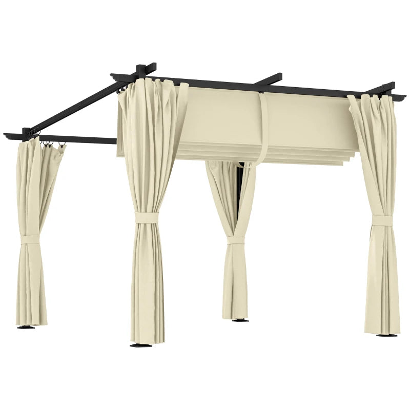 3 x 3 m Beige Retractable Roof Pergola with Curtains