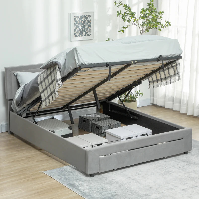 Double Size Ottoman Bed Frame with Front Drawer Stylish Grey Design 140x193.5x95cm