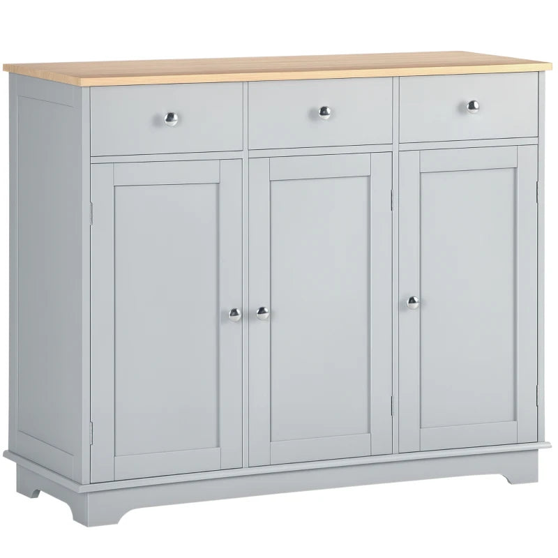 Modern Grey Sideboard with Rubberwood Top & Adjustable Shelves - Perfect for Dining Room & Kitchen Storage