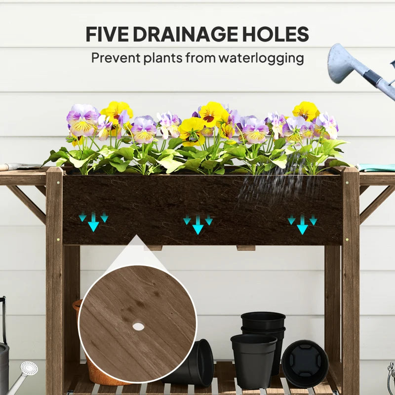 Wooden Elevated Planter Box with Lockable Wheels, Side Tables, and Bottom Shelf - Carbonised 120cm Garden Bed for Vegetables, Flowers, and Fruits