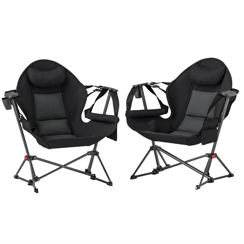 Adjustable Black Hammock Camping Chair Set of 2 - Portable Swinging Camp Chairs with Cup Holder, Headrest, Padded Seat & Carry Bag for Travel, Fishing & Hiking