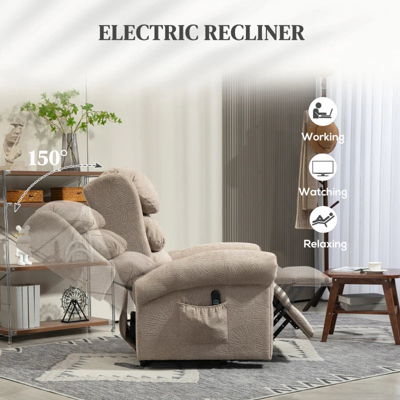 Velvet Electric Riser Recliner Chair for Elderly with Remote Control, Side Pockets and Thick Padded Back in Khaki