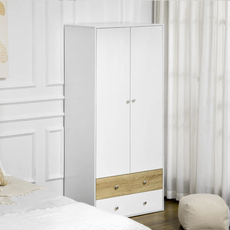 Stylish 2-Door Wardrobe with Drawers and Hanging Rod for Bedroom Storage Solutions