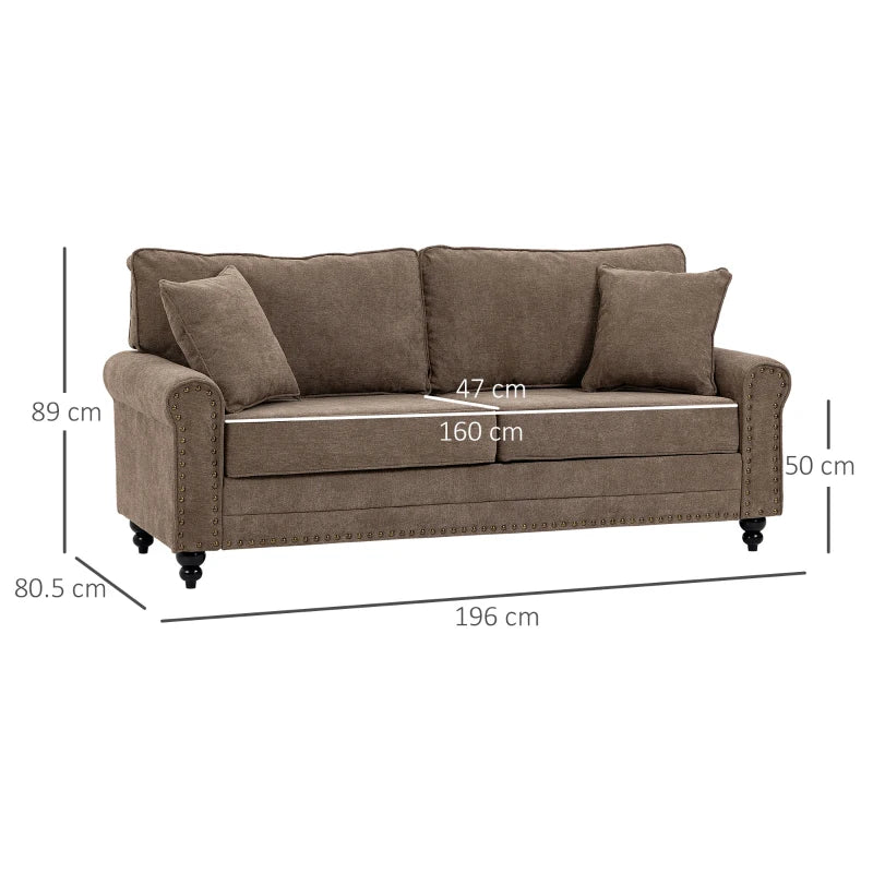 Stylish 3 Seater Fabric Sofa with Rubber Wood Legs and Extra Cushions for Living Room, Brown, 196W x 80.5D x 89H cm
