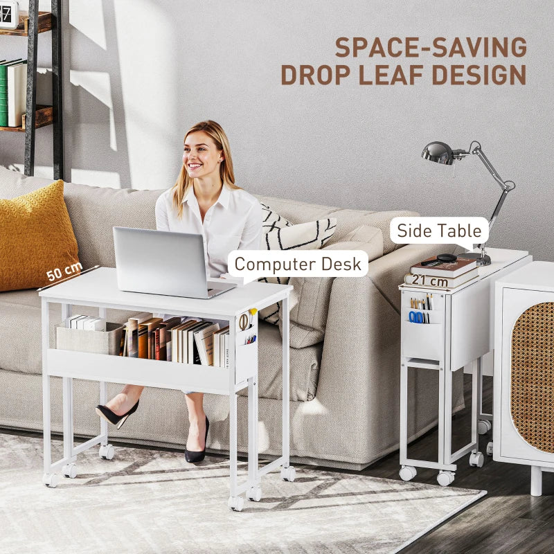 80 cm White Drop Leaf Writing Desk - Compact Home Office Workstation with Versatile Folding Design