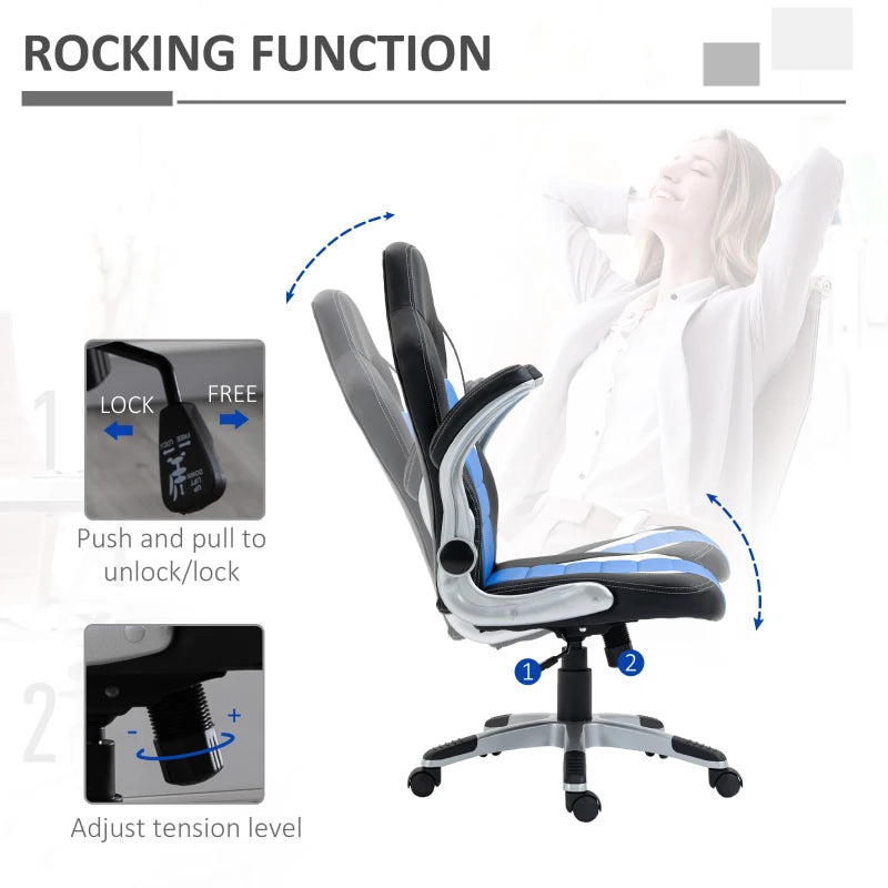Ergonomic Blue Gaming Chair - PU Leather Office Desk Swivel Chair with Adjustable Height, 90° Flip-up Armrests & Rolling Wheels