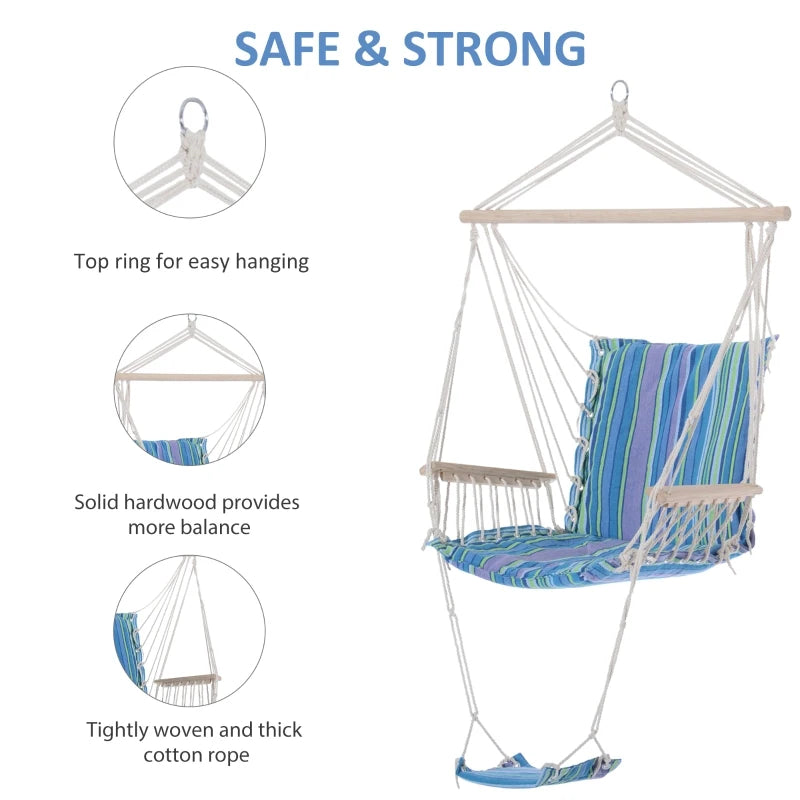 Blue Hanging Rope Hammock Chair with Padded Seat & Backrest