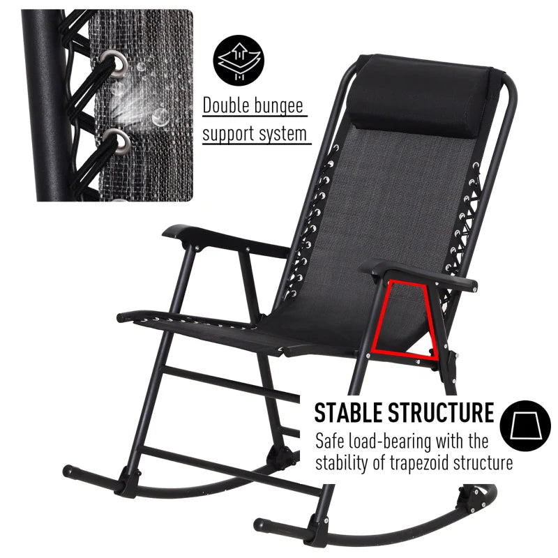 Black Folding Rocking Chair with Headrest for Outdoor Use
