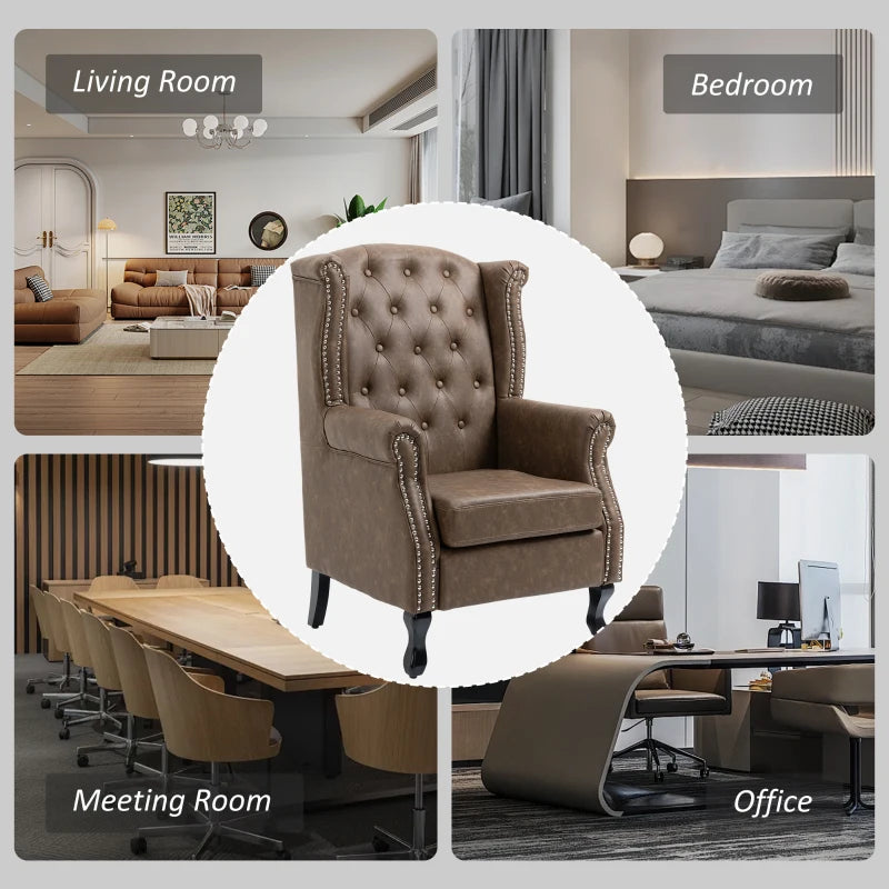 Tufted Chesterfield-Style Wingback Accent Chair with Nail Head Trim for Living Room or Bedroom in Brown