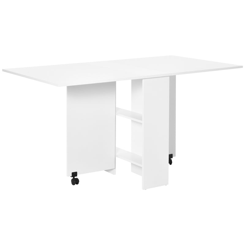 Folding Drop Leaf Dining Table with 2-Tier Shelves & Rolling Casters - Space-Saving Kitchen Table in White