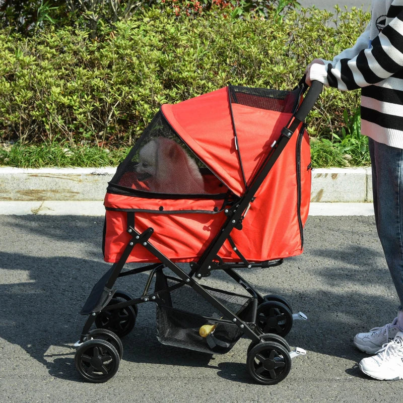 Foldable Pet Stroller for Dogs & Cats - Travel Pushchair with Reversible Handle, Brake & Storage Basket