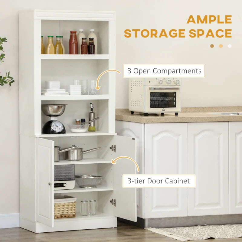 6-Tier Kitchen Cupboard - Freestanding Storage Cabinet with 3 Open Compartments & Double-Door Adjustable Shelves - White