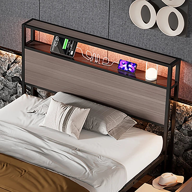 Metal Single Bed with LED Light Strip, 4 Drawers & 3 USB Ports - Stylish Grey Bedroom Furniture, 207x90.5x105 cm