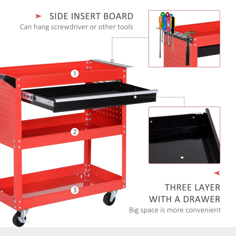 Red 3-Tier Tool Trolley with Drawer for Garage, Workshop