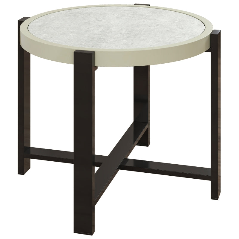 60cm Round Small Garden Table - Outdoor Side Table with Faux Marble Top, Light Grey Aluminium Frame