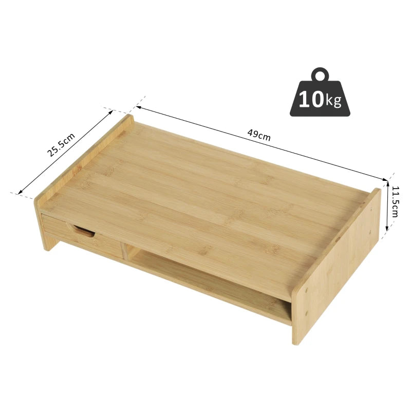 Bamboo Monitor Riser Stand with Drawer - Laptop PC Plinth Organizer for Desktop & TV - Stylish & Functional