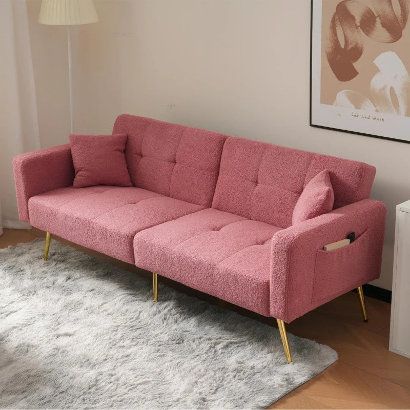 Adjustable Backrest Sofa Bed with Gold Legs and Side Pockets, Sherpa Fabric, Pink, 176L x 64W x 75H cm