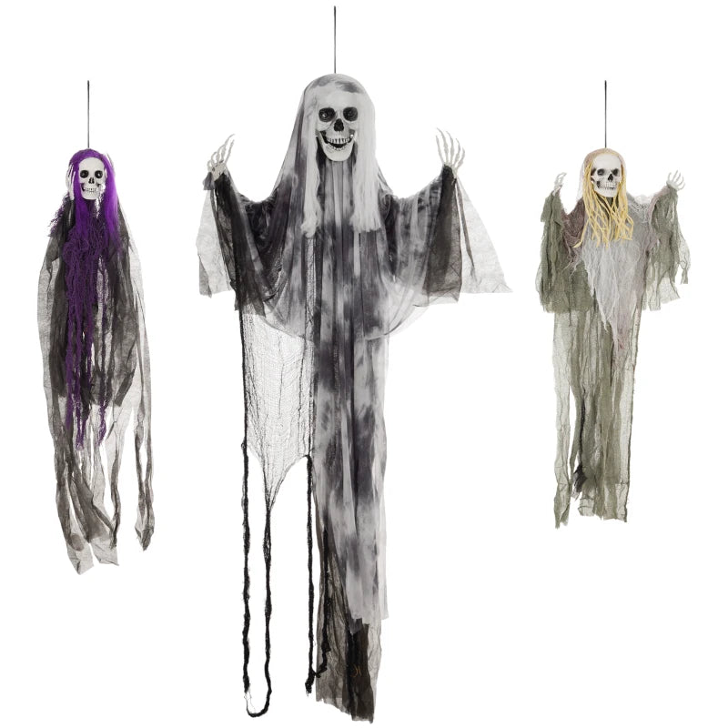 Set of 3 Hanging Skeleton Halloween Decorations - Scary Flying Ghosts for Garden & Party - 90/110/170cm Sizes
