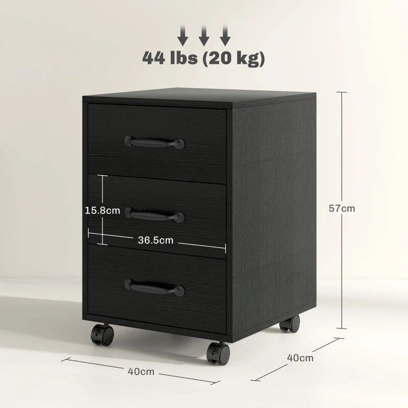 Mobile 3 Drawer File Cabinet on Wheels - Black Filing Cabinet for Home Office & Study - Stylish & Functional Storage