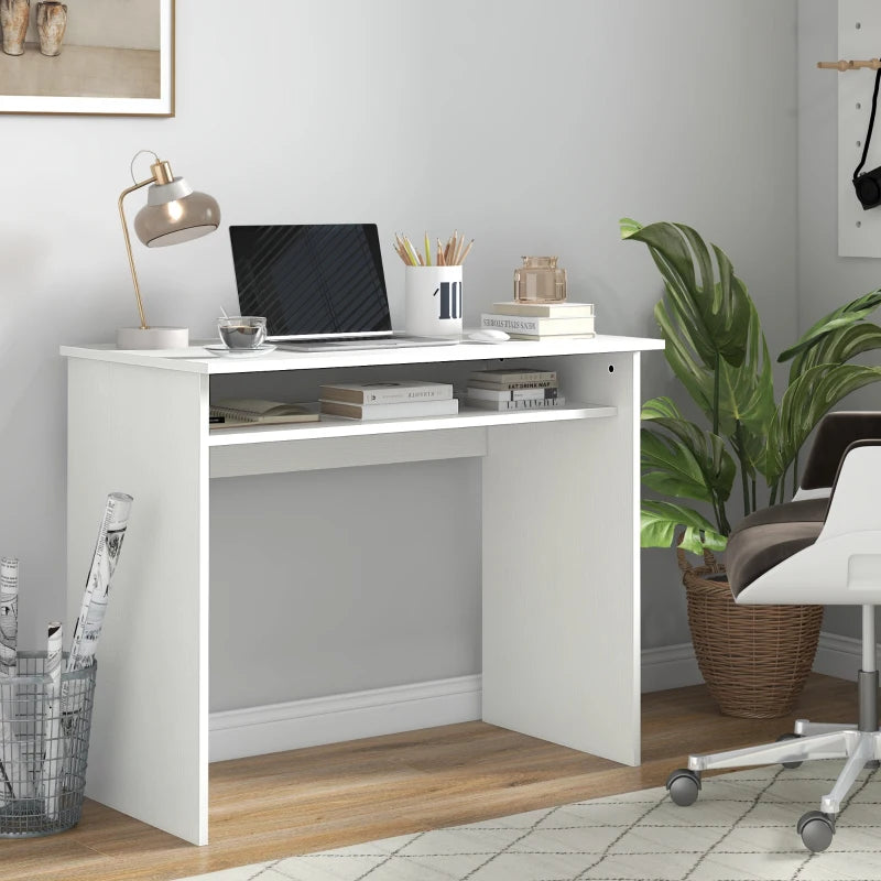 Modern White Wood Grain Computer Desk - Small Home Office Writing Table with Storage Shelf, 90 x 50cm