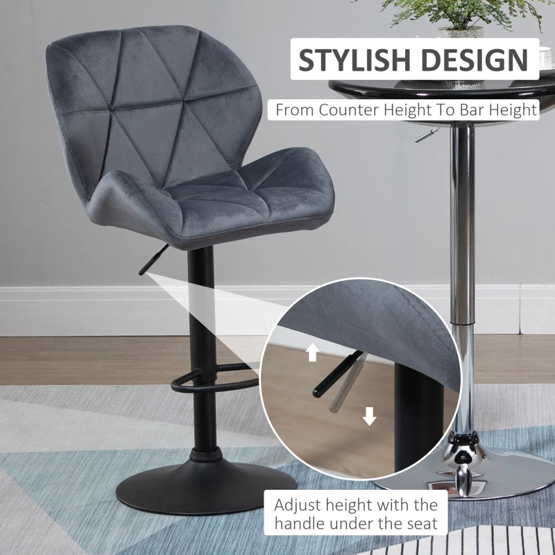 Adjustable Bar Stools Set of 2 - Armless Upholstered Swivel Counter Chairs with Back & Footrest in Dark Grey