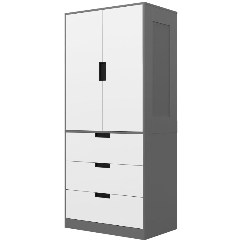 Modern 2 Door Wardrobe with 3 Drawers and Hanging Rod for Stylish Bedroom Storage Grey