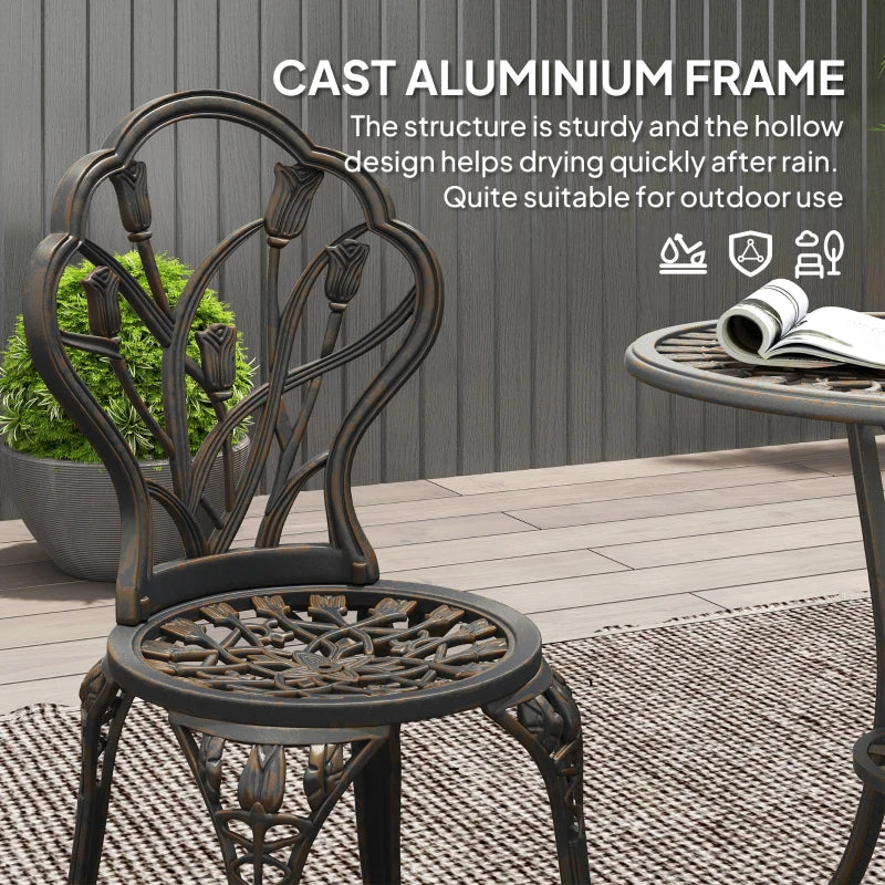 3 Piece Bronze Outdoor Patio Bistro Set for 2 - Aluminium Garden Table and Chairs with Umbrella Hole for Balcony