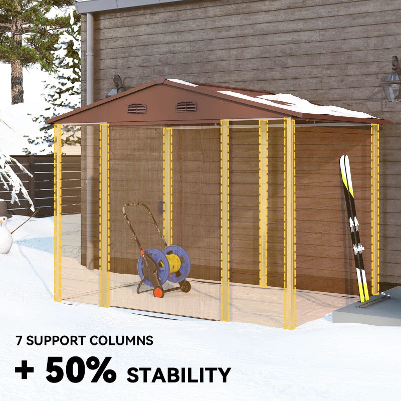 Brown 9ft x 6ft Metal Garden Shed - Garden Tool Storage Space with Vents, Sliding Doors & Sloped Roof