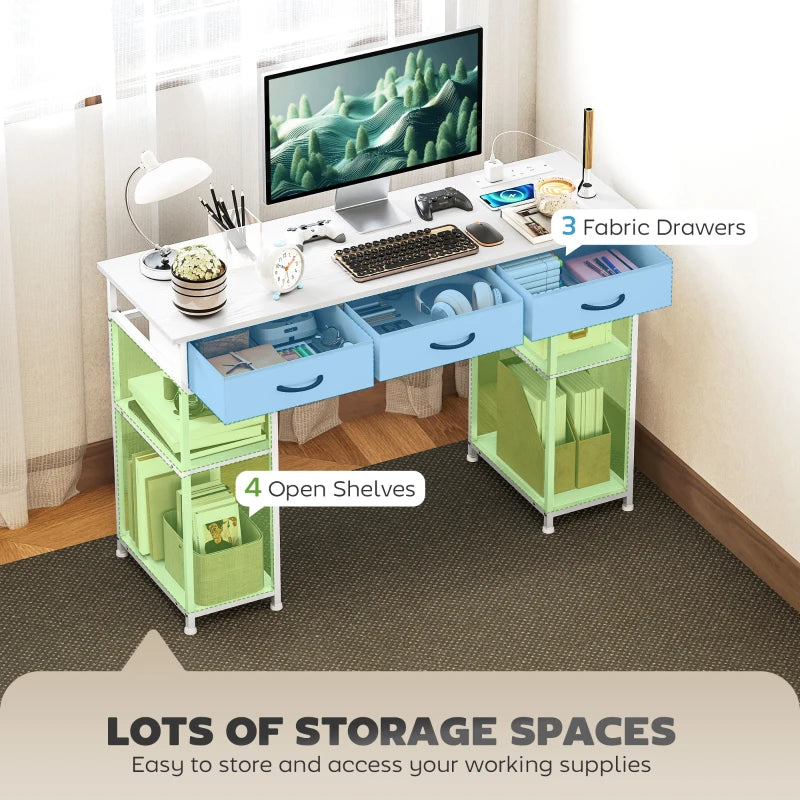 120cm White Computer Desk with Power Outlets, 3 Fabric Drawers & 4 Storage Shelves - Ideal Office Study Table