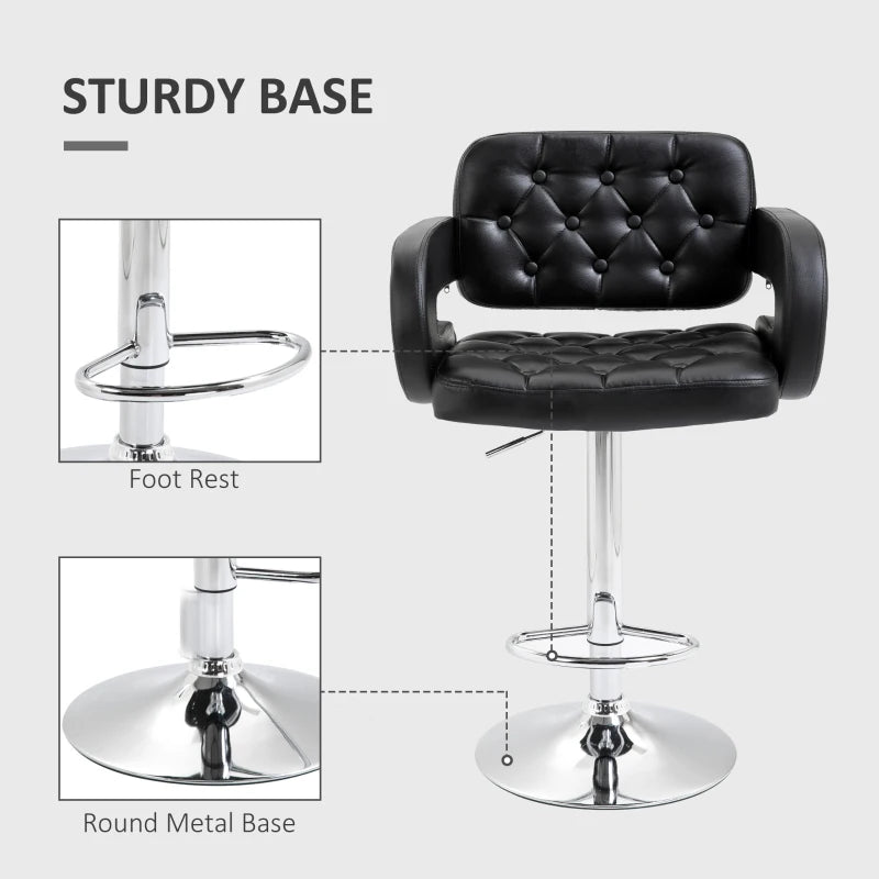 Height Adjustable PU Leather Swivel Bar Stool with Back Armrest and Footrest in Black