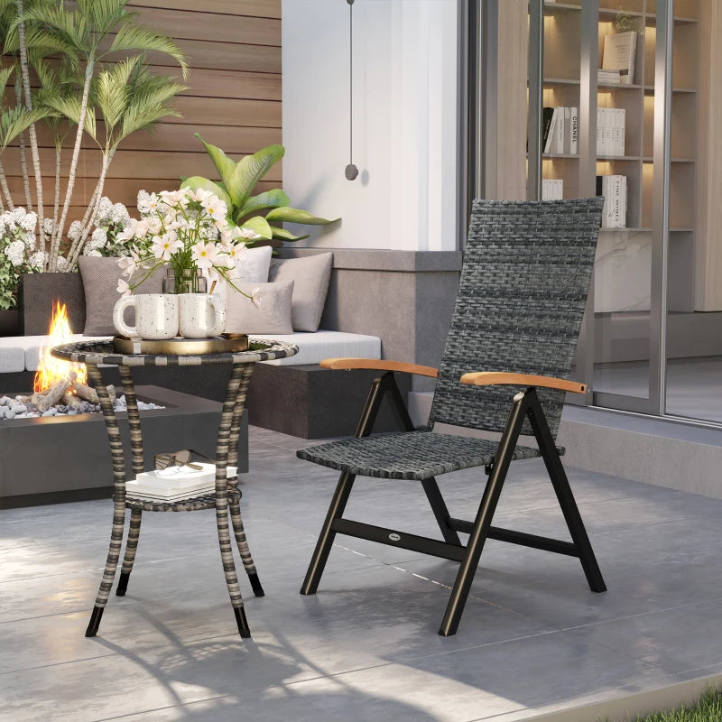 Folding Rattan Garden Dining Chair - 5-Level Reclining High Back, Wood Armrests, Outdoor Patio Furniture - Mixed Grey