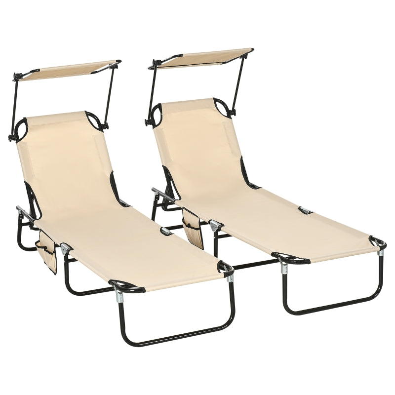 2 Piece Tan Brown Folding Sun Loungers with Canopy - Adjustable Recliner Garden Chairs with Side Pocket, Steel Frame and Breathable Mesh for Outdoor, Pool, Beach, Garden