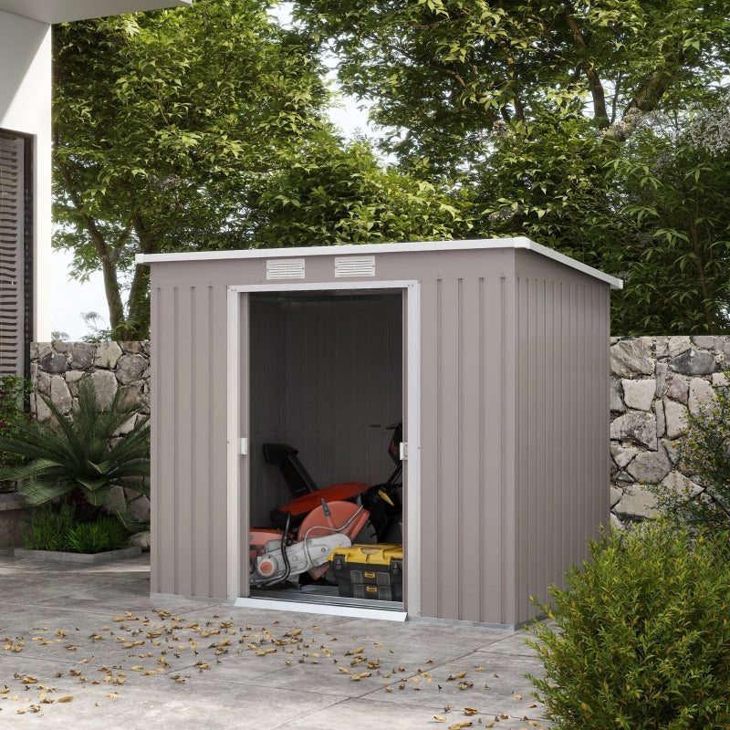 7ft x 4ft Grey Lean to Metal Garden Shed With Foundation Kit, Double Doors & Air Vents